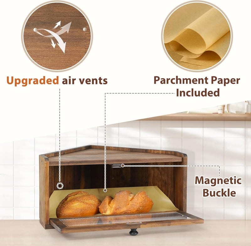 Sunhoo Bread Box for Kitchen Countertop Wooden Corner Breadbox Counter Food Storage Bin Container Farmhouse Rustic Homemade Bread Fresh Keeper Organizer Holder Vintage Stackable with Window (Brown) - Image 2